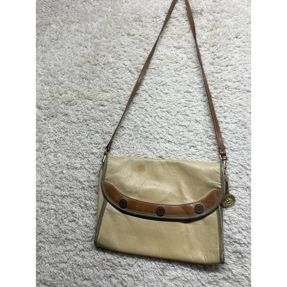 Vintage BRAHMIN Western Saddle CROSS BODY LEATHER PURSE Beige Handbag
